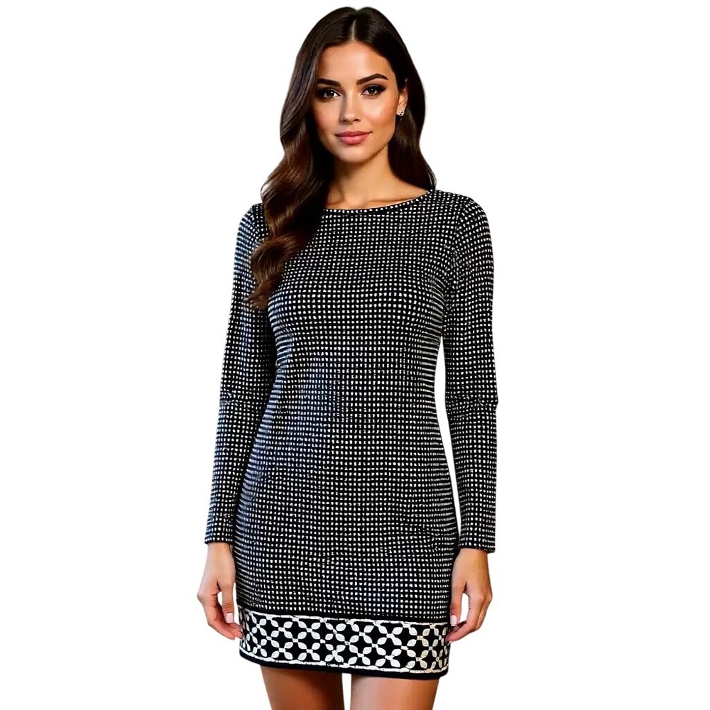 Michael Michael Kors Black White Grid Print Long Sleeve Sheath Dress Size PM